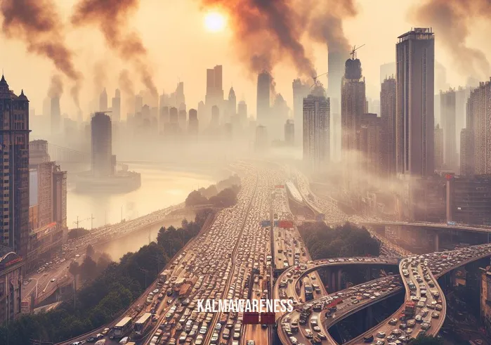 meditation earth _ Image: A bustling cityscape with heavy traffic and smog-filled skies. Image description: A densely populated urban area with cars stuck in traffic, surrounded by pollution.