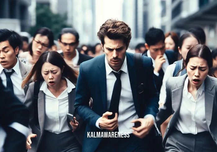 meditation earth _ Image: A group of stressed-looking people in business attire, hurrying through a crowded street. Image description: Commuters rushing with anxious expressions, lost in their daily grind.