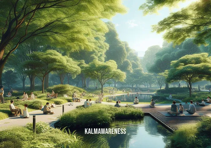 meditation earth _ Image: A serene park with lush greenery, a tranquil pond, and people sitting on benches, starting to relax. Image description: People in a peaceful park, some meditating, others enjoying nature