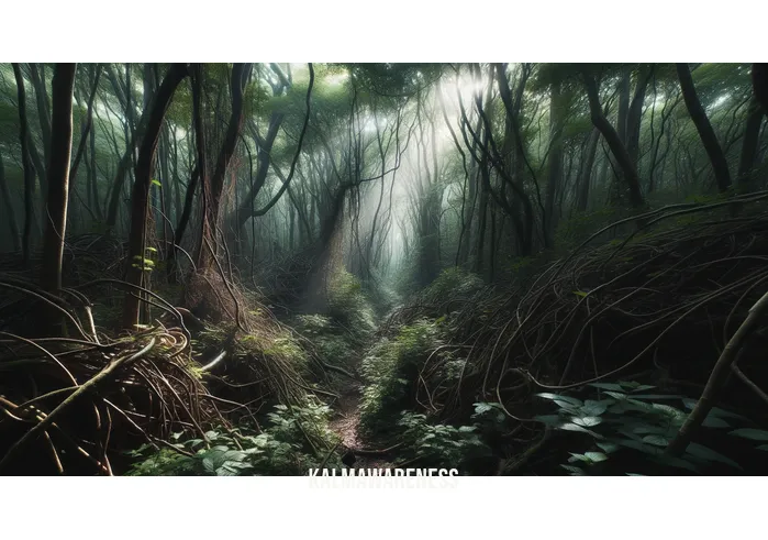 movement in nature _ Image: A dense forest with tangled undergrowth, blocking the path ahead. Image description: Sunlight struggles to pierce through the thick canopy, casting shadows on the obstacle-filled trail.