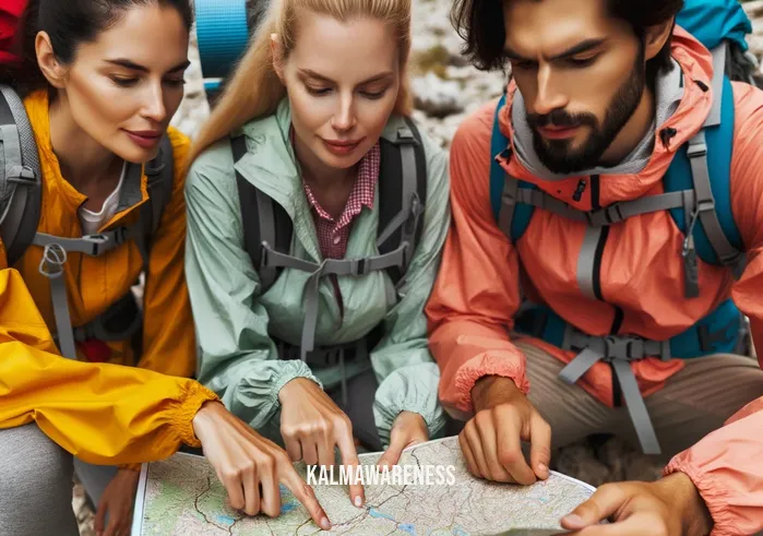 movement in nature _ Image: A group of hikers in colorful outdoor gear, studying a map together. Image description: They huddle around, discussing alternative routes to navigate through the challenging terrain.