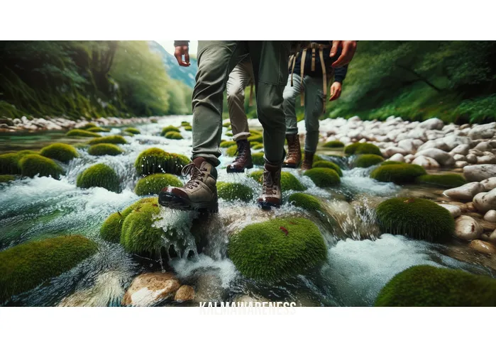 movement in nature _ Image: The hikers, now traversing a gentle river, stepping on moss-covered stones. Image description: Their boots splash in the crystal-clear water as they make their way to the other side, maintaining balance.