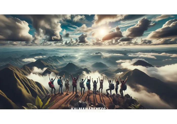 movement in nature _ Image: A panoramic view from a mountaintop, showing the hikers triumphant under the open sky. Image description: They stand on the peak, arms raised in celebration, having overcome nature