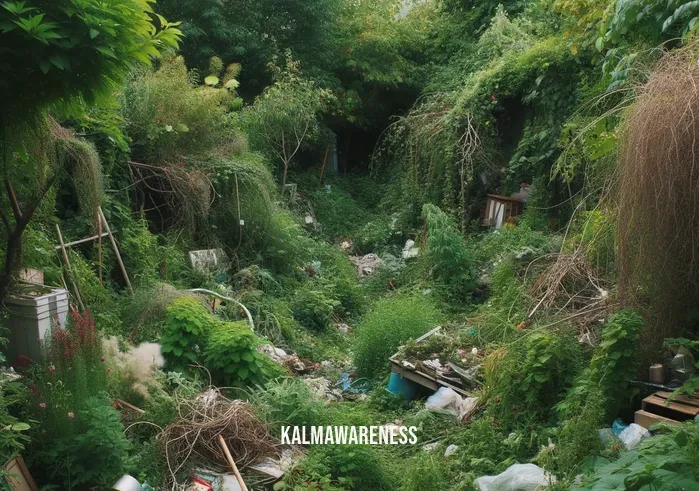 walking through gardens _ Image: A crowded, neglected garden with overgrown bushes and weeds. Image description: The garden is in disarray, with tangled greenery and debris strewn about.