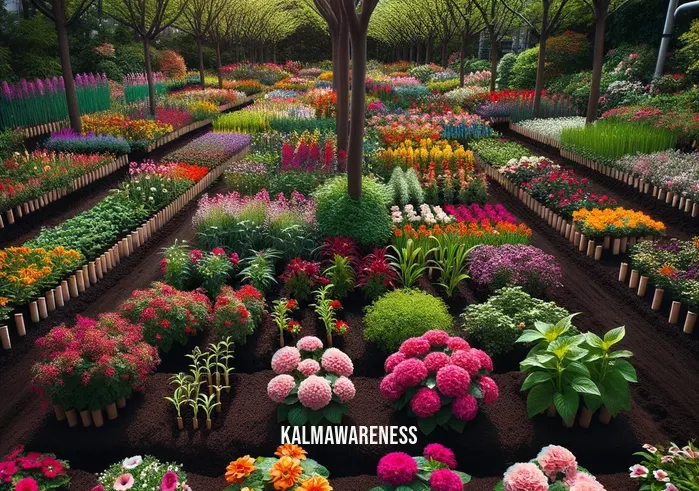 walking through gardens _ Image: Freshly planted flowers and saplings in neat rows, showcasing vibrant colors. Image description: The garden begins to bloom with new life, showcasing the beauty of nature.