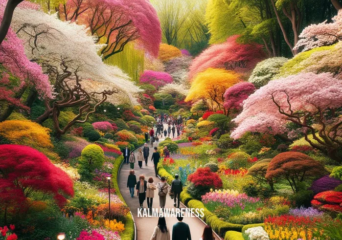 walking through gardens _ Image: A serene path winding through the garden, flanked by colorful blossoms. Image description: Visitors stroll along the tranquil path, enjoying the revitalized garden.