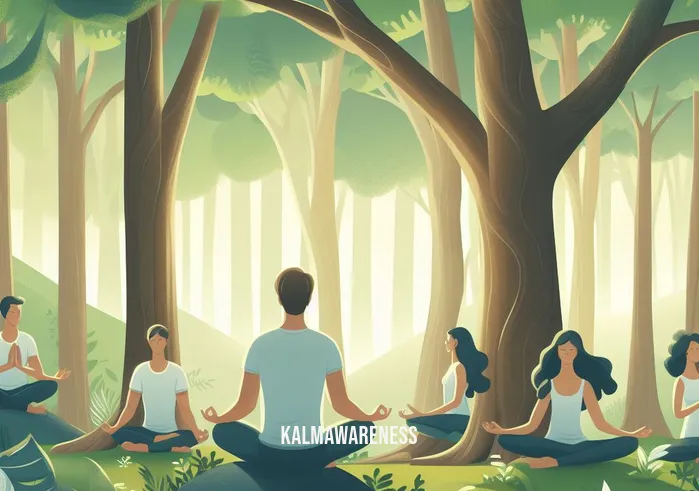 calming trees _ Image: People practicing yoga and meditation amidst the tranquil forest, finding inner calm. Image description: Embracing mindfulness, they discover serenity under the nurturing tree canopy.