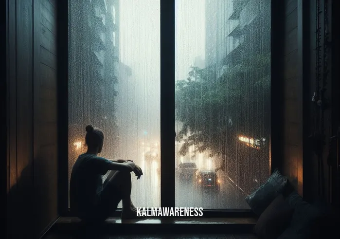 images of solitude _ Image: A dimly lit room with a person sitting alone on a window sill, gazing out at the rain-soaked streets. Image description: Solitude in the midst of a storm, contemplation through rain-streaked glass.