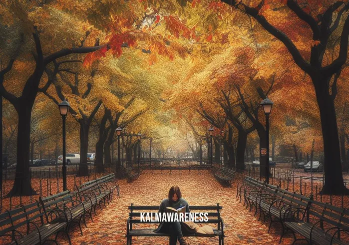 images of solitude _ Image: An outdoor park bench beneath a canopy of colorful autumn leaves, an individual engrossed in a book, surrounded by empty seats. Image description: Finding solace in the embrace of nature