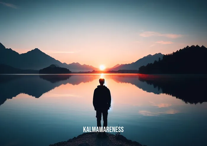 images of solitude _ Image: A person standing at the edge of a serene lake, their silhouette mirrored in the calm water, as the sun sets behind distant mountains. Image description: Embracing solitude