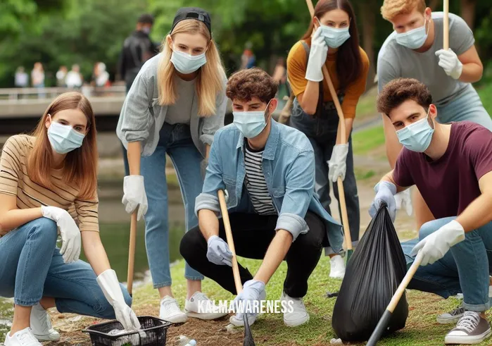 appreciation for nature _ Image: A group of concerned citizens wearing face masks, gathered in a park, picking up litter and cleaning up a polluted riverbank.Image description: A diverse group of people, young and old, wearing gloves and face masks, are actively cleaning up a litter-strewn riverbank in a park. They are determined to make a positive change in their community.