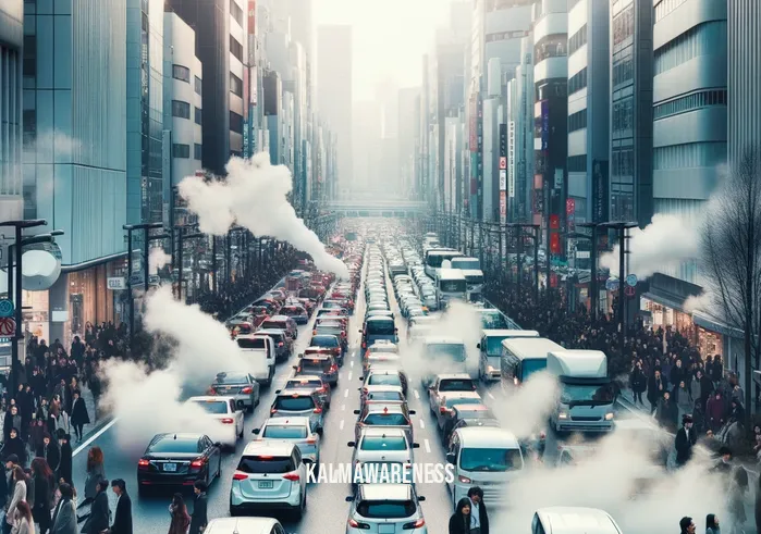 breathe in nature _ Image: A bustling city street filled with traffic and people in a hurry. Image description: The cityscape is congested with cars emitting exhaust fumes, and pedestrians appear stressed amid the urban chaos.