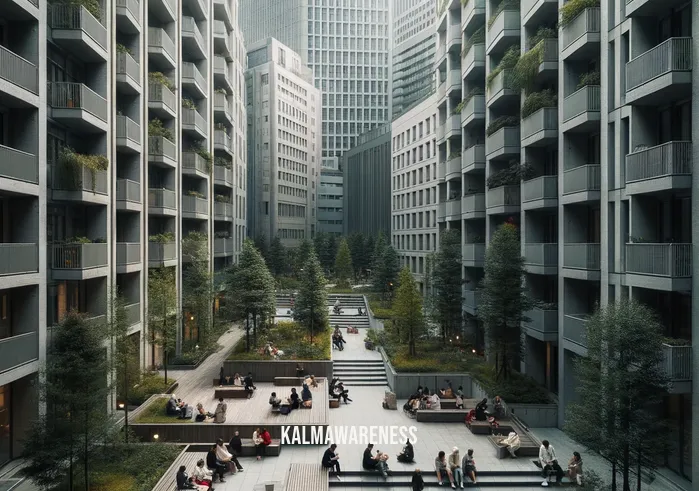 breathe in nature _ Image: A park in the city with a few people sitting on benches, surrounded by concrete and tall buildings. Image description: Amid the city