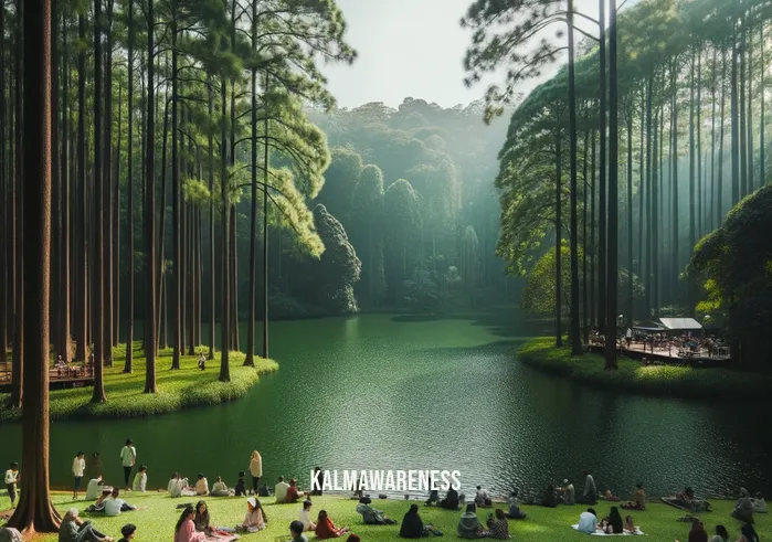 breathe in nature _ Image: A serene lakeside scene with people relaxing on a lush green lawn, breathing in the fresh air. Image description: People have escaped to a peaceful lakeside retreat, enjoying the tranquility of nature as they lounge on the grass.