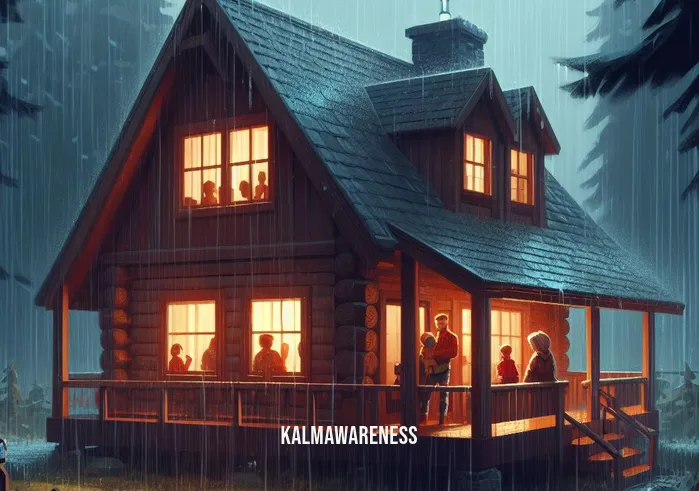 cabin rain _ Image: A cozy cabin nestled in the woods, rain pouring outside. Image description: The cabin