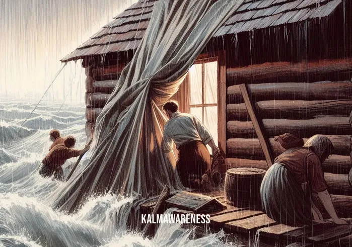 cabin rain _ Image: The storm intensifies, water dripping faster, but a makeshift tarpaulin begins to divert the flow away from the cabin