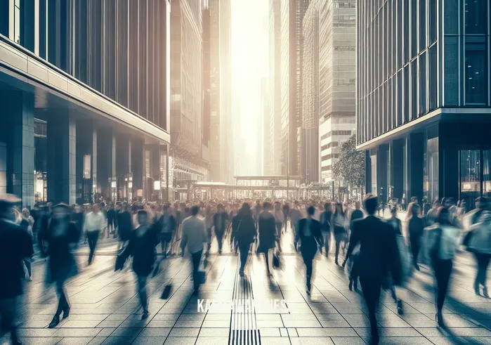 a walk in nature _ Image: A crowded urban sidewalk with people in a hurry, surrounded by tall buildings. Image description: The hustle and bustle of city life, people rushing through a concrete jungle.