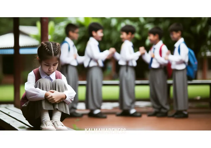 kindness opposite _ Image: A young girl in a schoolyard, isolated and upset, sitting alone on a bench while her classmates form cliques and exclude her.Image description: The young girl