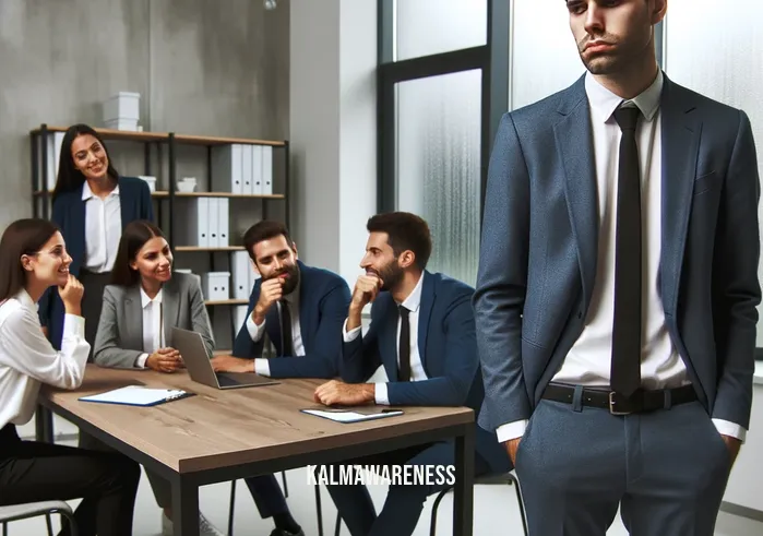 kindness opposite _ Image: A workplace meeting room, where a colleague is being unfairly criticized by others, their face displaying a mix of frustration and sadness.Image description: The colleague