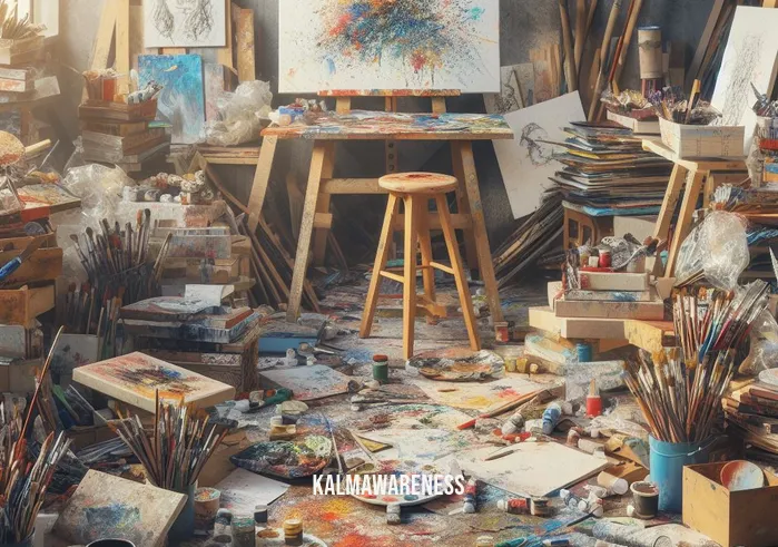 why launch an art using the quickstart approach _ Image: The artist, now seated at a clean and well-organized workspace, surrounded by neatly arranged paintbrushes, fresh canvases, and a serene atmosphere.Image description: A transformed art studio reveals the artist in a serene and organized space. Brushes neatly arranged, fresh canvases ready, and a peaceful ambiance conducive to creativity. The artist is now focused and ready to start.