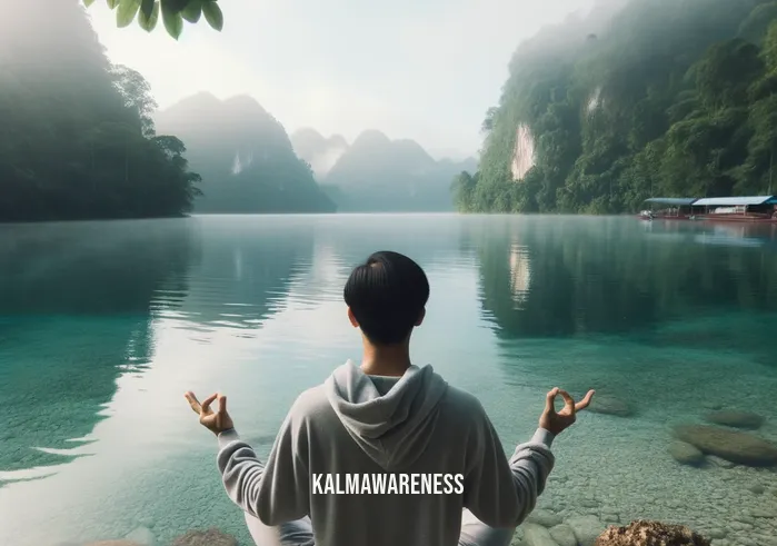 aa step 11 meditation _ Image: A serene lakeside setting with a person meditating by the water, surrounded by nature