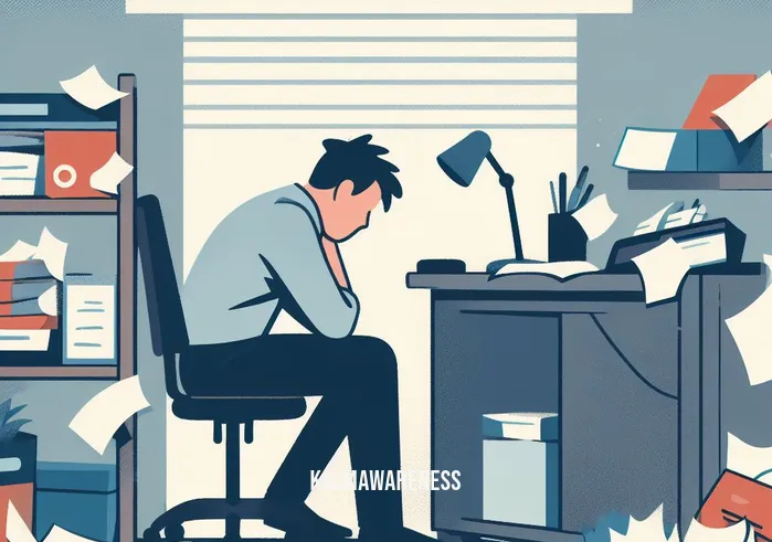being in your body _ Image: A cluttered office desk with papers and a stressed-looking person hunched over. Image description: A disorganized office desk, scattered papers, and a person looking overwhelmed.