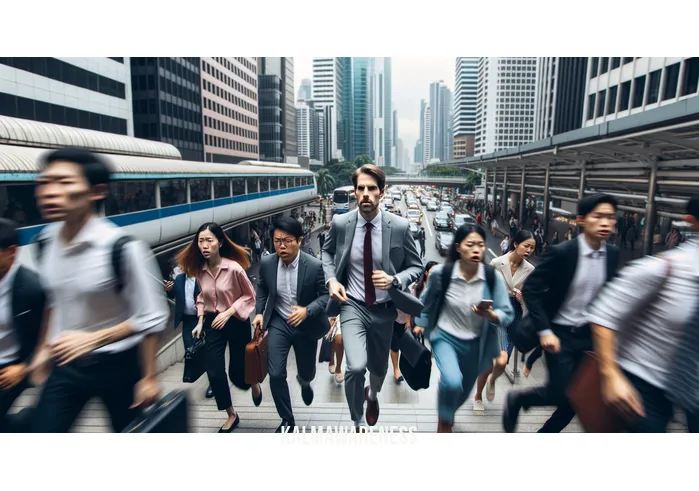 our bodys _ Image: A busy urban street with people rushing past, some looking stressed and fatigued. Image description: A bustling city street filled with people in a hurry, portraying the hectic and stressful pace of modern life.