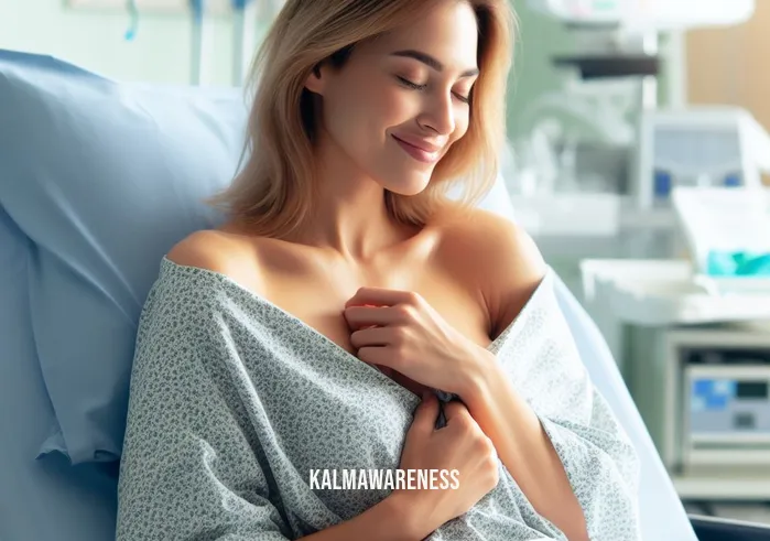 touch that body part _ Image: A recovery room, where the woman is seen waking up after the procedure, with a relieved smile on her face, knowing her chest problem has been resolved.Image description: The woman awakens in a recovery room, wearing a post-op gown, a contented smile on her face, signaling that her chest issue has been successfully addressed.