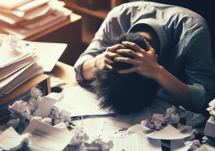 getting over it present _ Image: A cluttered desk with scattered papers, a stressed person with their head in their hands.Image description: A messy desk piled with papers, an overwhelmed individual sits with their head buried in their hands, surrounded by chaos.