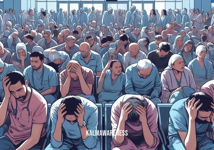 into anguish _ Image: A crowded hospital waiting room filled with anxious patients, some holding their heads in distress. Image description: Patients in a crowded hospital waiting room, anxiously waiting for medical attention.