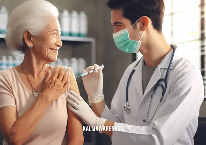 into anguish _ Image: A healthcare worker administering a vaccine to a grateful elderly woman in a well-lit vaccination center. Image description: A healthcare worker vaccinating an elderly woman, bringing hope and relief.