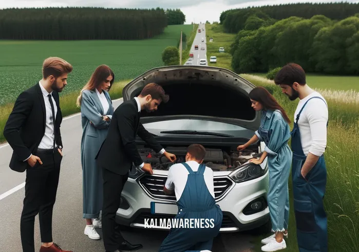 what to do when things fall apart _ Image: A group of people gathered around a broken-down car on the side of the road, trying to figure out the issue.Image description: A group of people, including a man in a suit and a woman in overalls, gathered around a broken-down car parked on the side of a scenic country road. They are peering under the hood, trying to figure out the issue.