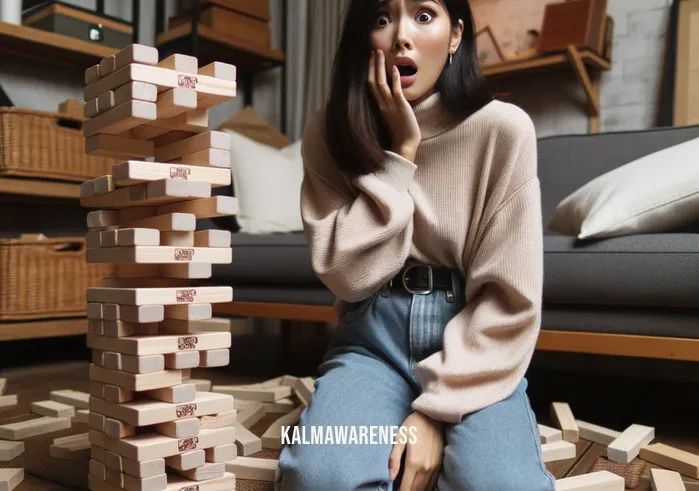 what to do when things fall apart _ Image: A person standing in front of a collapsed Jenga tower, looking shocked as wooden blocks scatter on the floor.Image description: A person stands in front of a collapsed Jenga tower, looking shocked as wooden blocks scatter on the floor. The tension in the room is palpable as everyone watches the outcome.