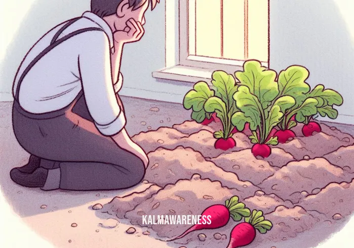 craving radishes _ Image: A person staring longingly at a barren garden patch. Image description: A garden with empty soil, a person gazes longingly at the empty space, craving radishes.