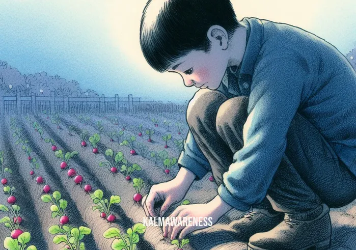 craving radishes _ Image: The same person planting radish seeds in the garden. Image description: The person kneels down, carefully planting radish seeds in neat rows, hope in their eyes.