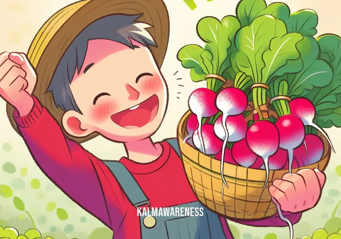 craving radishes _ Image: The person joyfully harvesting fresh radishes. Image description: The same person, now beaming with satisfaction, holds a basket full of vibrant radishes just pulled from the ground.
