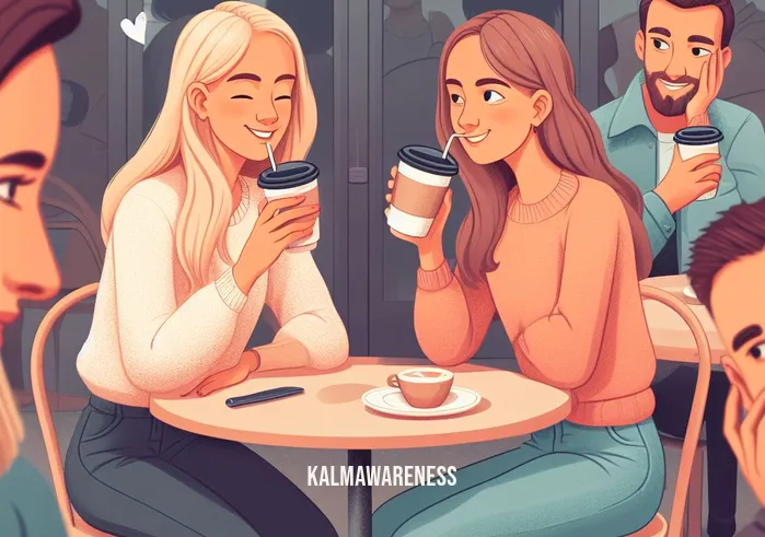 jealous scenarios _ Image: A crowded cafe with two friends chatting and smiling. Image description: Two friends, Sarah and Emma, sitting at a cafe table, sipping coffee, and sharing stories, while a nearby stranger eyes their conversation jealously.