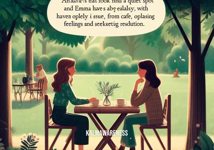 jealous scenarios _ Image: A serene park with Sarah and Emma having a heart-to-heart talk. Image description: Sarah and Emma find a quiet spot in a serene park, addressing the jealousy issue from the cafe, openly discussing feelings, and seeking resolution.
