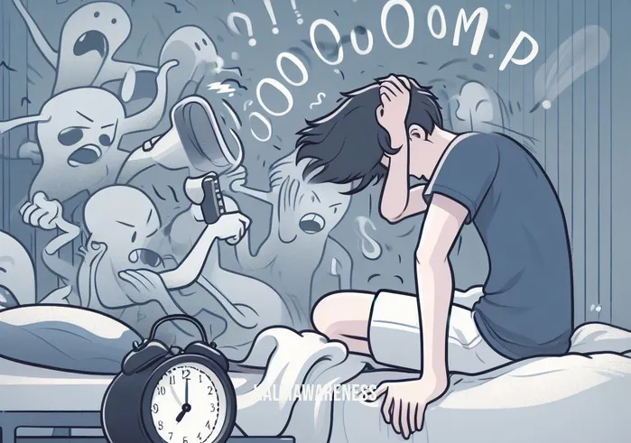 7 second morning ritual _ Image: A person sitting on the edge of the bed, looking groggy and stressed, trying to turn off the noisy alarm.Image description: A frustrated individual struggling to start their day amidst the chaos.