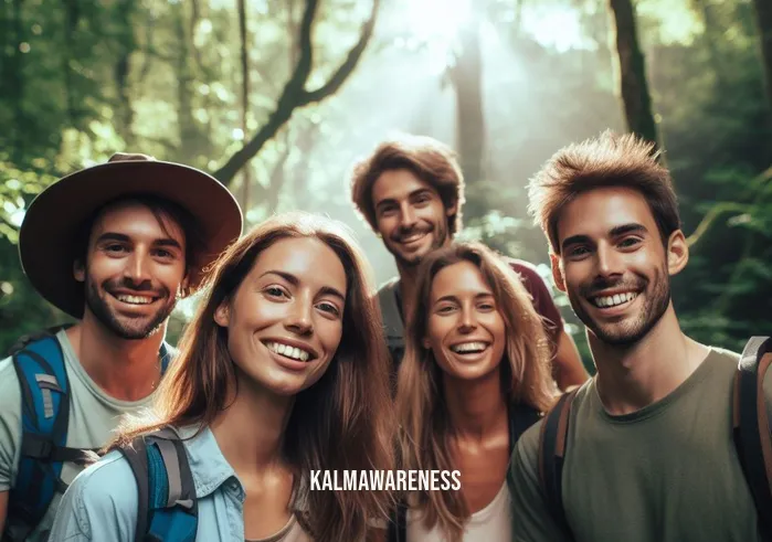 get out of your head and into your body _ Image: A group of friends hiking in a lush forest, smiling and enjoying nature. Image description: A group of friends hiking in a lush forest, smiling and enjoying nature.