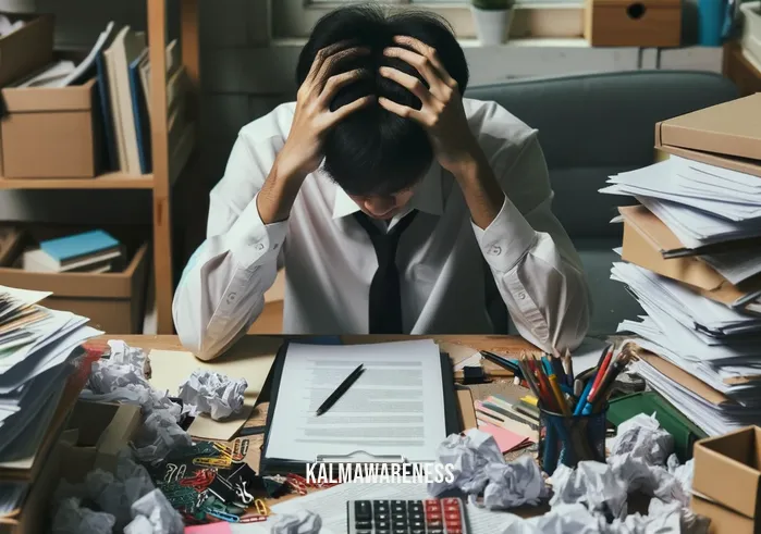 getting out of your head and into your body _ Image: A cluttered desk with scattered papers and a person sitting hunched over, looking overwhelmed by tasks.Image description: A cluttered desk covered in papers and scattered stationery items. A person sits hunched over, hands on their head, looking overwhelmed by the tasks before them.