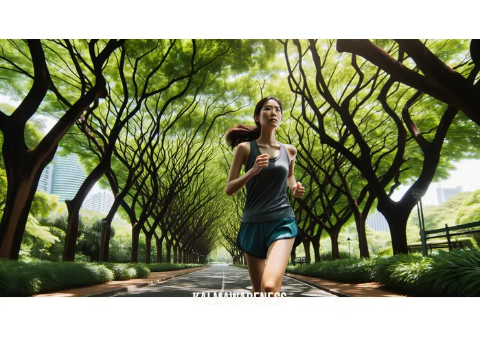 getting out of your head and into your body _ Image: An urban park with a person jogging along a tree-lined path, the expression on their face determined and focused.Image description: An urban park on a sunny day, with lush trees lining a winding path. A person is jogging with determination, their expression focused and free from distractions.