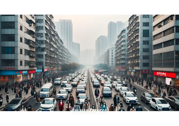 green pathway _ Image: A crowded, polluted urban street with heavy traffic, concrete buildings, and people wearing face masks.Image description: A bustling city street engulfed in pollution and traffic congestion, where people struggle to breathe amid the chaos.