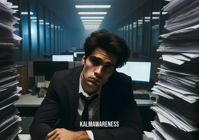 get on your feet video _ Image: A dimly lit office cubicle with a person slouched over a desk, surrounded by stacks of paperwork.Image description: An exhausted office worker, overwhelmed by a mountain of paperwork, appears stressed and defeated.