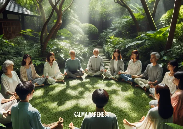 biological stress _ Image: A group of individuals participating in a mindfulness meditation session in a serene, sunlit garden.Image description: Amidst lush greenery and gentle sunlight, a diverse group sits in peaceful meditation, finding solace in nature.