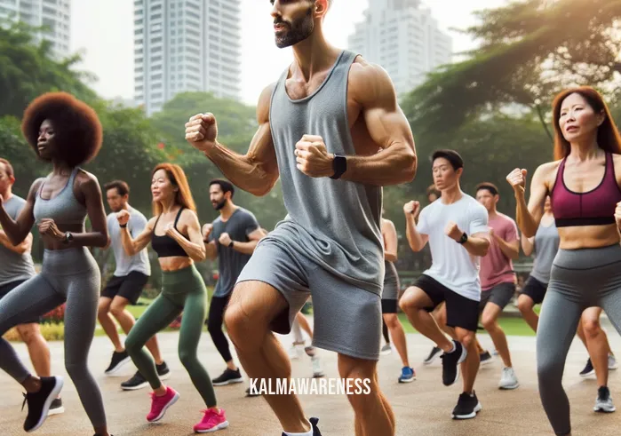 biological stress _ Image: A fitness instructor leading a group in a high-energy outdoor exercise class.Image description: Out in the open, a fitness instructor motivates a lively group through an invigorating outdoor workout, promoting physical well-being.