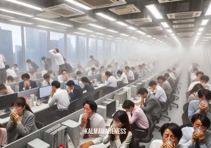 breathe well with simple solutions _ Image: A crowded, stuffy office with people hunched over their desks, looking uncomfortable.Image description: A bustling office space with poor ventilation, employees appear strained, struggling to breathe well amidst the confined workspace.