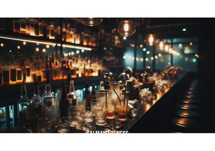can you meditate while drunk _ Image: A dimly lit bar with empty glasses and bottles scattered on the counter. Image description: A cluttered bar after a night of heavy drinking, with dim lighting and a somber atmosphere.