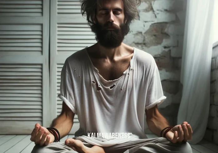 can you meditate while drunk _ Image: The same person from earlier, now in the meditation room, sitting cross-legged with closed eyes, finding inner peace. Image description: The same disheveled individual from the bar, now sitting cross-legged in the meditation room with closed eyes, seeking inner peace.