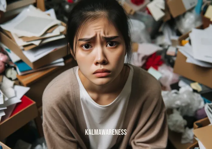 clearing energy blocks _ Image: A person sitting in a cluttered and chaotic room, surrounded by disorganized papers and clutter. Image description: The individual appears overwhelmed and stressed, with a furrowed brow and a look of frustration.